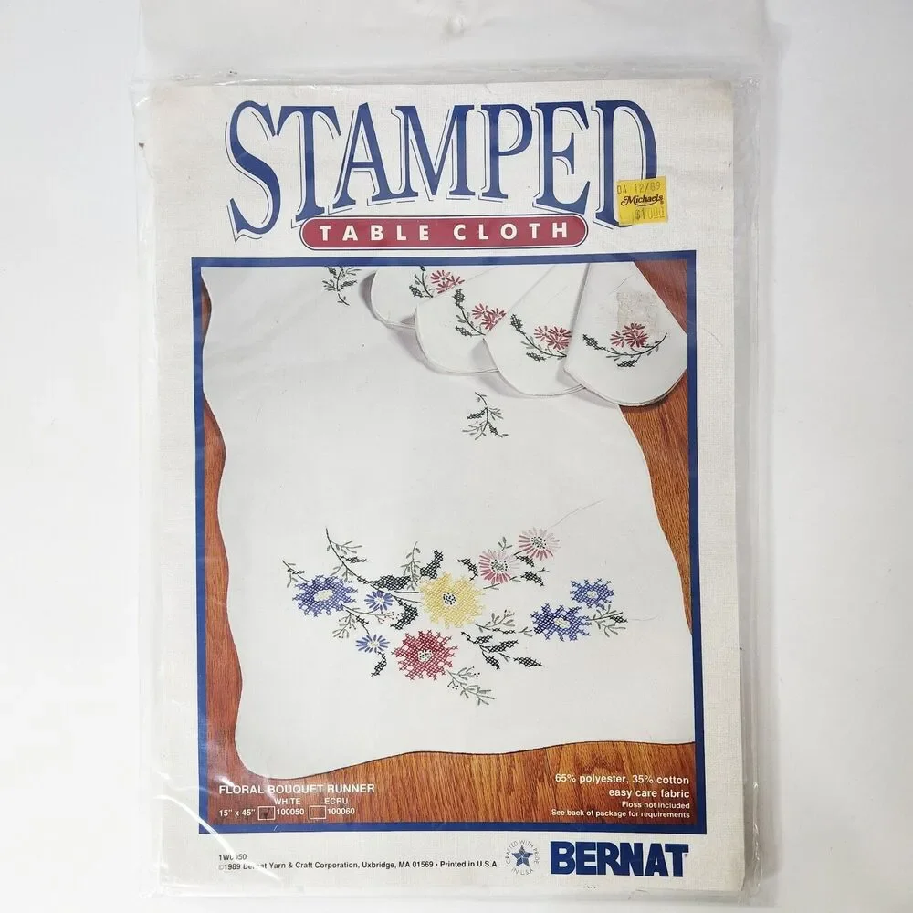 Vtg 1989 Bernat Stamped Table Runner Floral Bouquet Stamped Cross Stitch 15x45